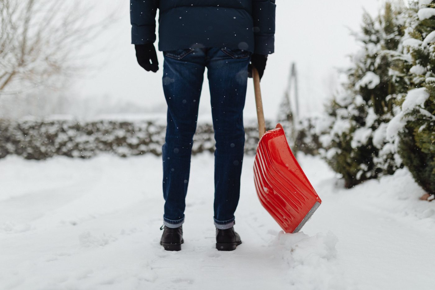 Licensed stock photograph: a person seen from behind clearing snow from a path with a red shovel.